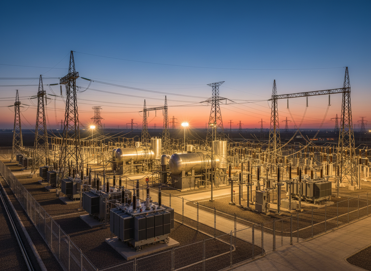 An expansive exterior photographic realism view of an industrial energy complex at dusk, featuring a mix of gleaming metallic gas turbine housings, tall lattice transmission towers, and compact transformer yards arranged in a logical grid. The sky glows with deep blue and soft orange hues, while strategically placed floodlights cast warm pools of light, emphasizing key equipment and creating long, dramatic shadows across clean concrete pathways. High-voltage lines stretch into the distance, suggesting scale and reliability. Shot from a slightly elevated angle with strong depth of field, every structural detail remains sharp. The atmosphere feels controlled and efficient, projecting the image of a company focused on comprehensive, large-scale energy solutions for industry.