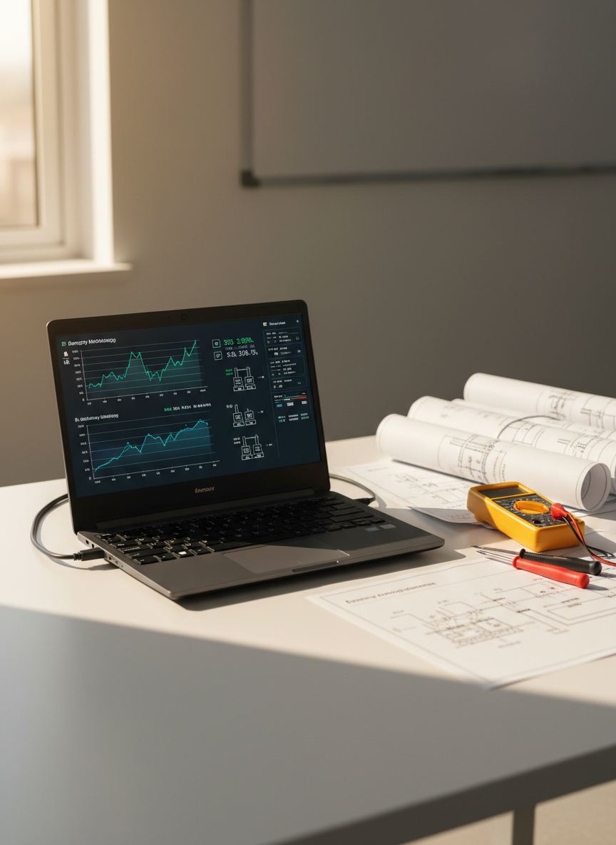 A meticulously arranged photographic realism scene of a technical engineer’s workstation without any people, featuring a slim, black industrial laptop on a clean white desk. The laptop screen displays a complex energy monitoring dashboard with real-time line graphs, substation icons, and efficiency metrics in cool blues and greens. Beside it, printed single-line diagrams and electrical schematics lie neatly stacked, with a digital multimeter and a set of insulated screwdrivers placed precisely to one side. Soft daylight filters through an unseen window, creating a gentle, natural glow and mild shadows on the desk’s matte surface. Captured from a slightly elevated angle using the rule of thirds, the image conveys precision, planning, and analytical problem-solving in industrial energy projects.