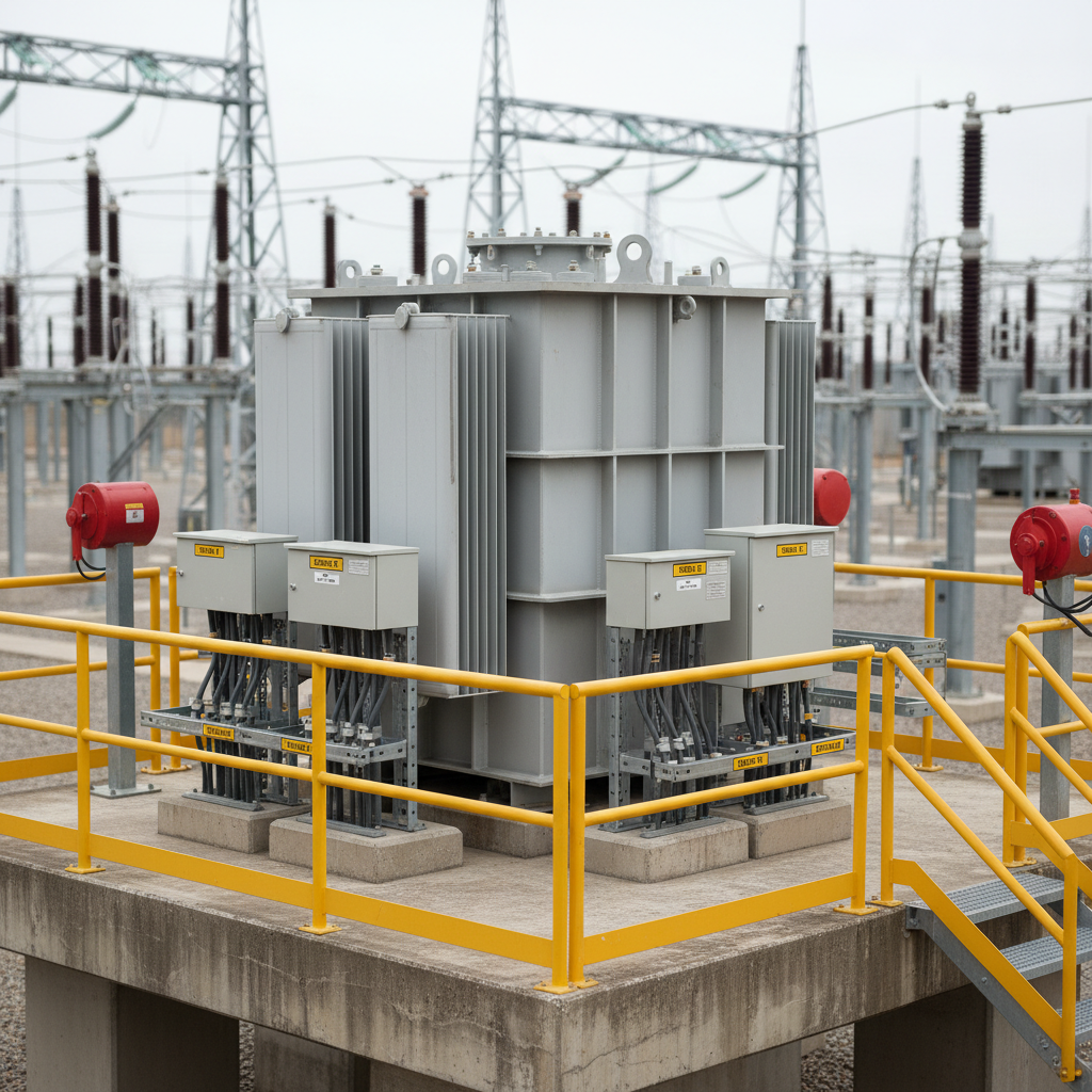 A detailed photographic realism close-up of a heavy-duty industrial transformer installation on a raised concrete platform, surrounded by neatly arranged cable trays and labeled junction boxes. The transformer’s light gray, ribbed metal housing shows subtle texture, while bright yellow safety railings and hazard markings clearly outline maintenance areas. Behind it, a well-organized substation yard with steel support structures and porcelain insulators fades into a soft background blur. Overcast, diffused daylight eliminates harsh shadows, creating an even, technical clarity that highlights every bolt and label. Shot at eye level with moderate depth of field, the composition feels structured and secure, ideal for illustrating robust, reliable infrastructure solutions for the energy industry.