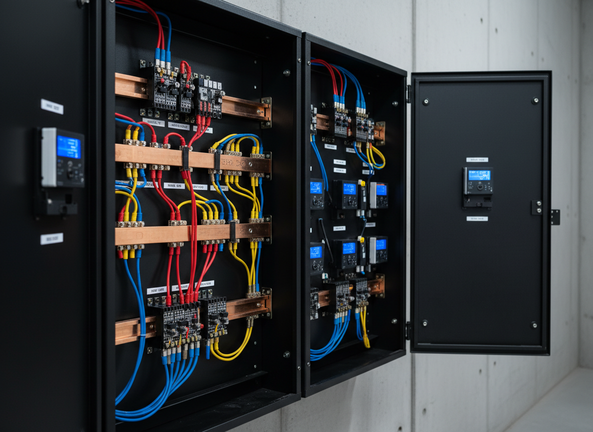 A close-up photographic realism shot of a robust industrial power distribution panel, its matte black metal doors open to reveal neatly organized copper busbars, thick insulated cables in primary colors, and precise digital meters glowing soft blue. Each component is labeled with clean, white printed tags, reinforcing a sense of order and safety. The panel stands against a smooth, light-gray concrete wall inside a spotless energy facility. Cool, directional overhead lighting casts crisp but subtle shadows, highlighting textures of metal and insulation. Captured from a slightly angled perspective with shallow depth of field, the front terminals are in sharp focus while the background fades into a soft blur, creating a focused, professional and trustworthy mood for showcasing technical expertise.