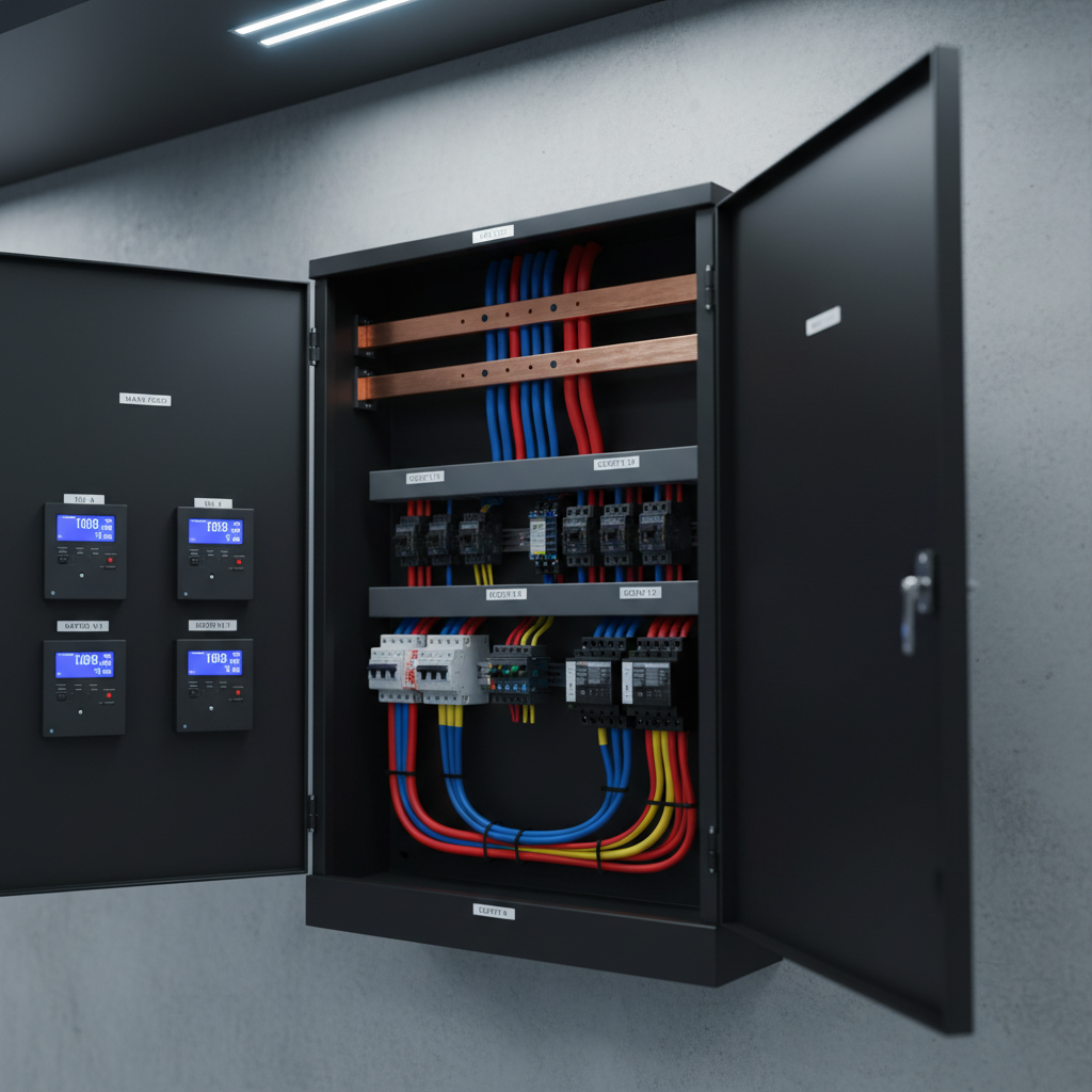 A close-up photographic realism shot of a robust industrial power distribution panel, its matte black metal doors open to reveal neatly organized copper busbars, thick insulated cables in primary colors, and precise digital meters glowing soft blue. Each component is labeled with clean, white printed tags, reinforcing a sense of order and safety. The panel stands against a smooth, light-gray concrete wall inside a spotless energy facility. Cool, directional overhead lighting casts crisp but subtle shadows, highlighting textures of metal and insulation. Captured from a slightly angled perspective with shallow depth of field, the front terminals are in sharp focus while the background fades into a soft blur, creating a focused, professional and trustworthy mood for showcasing technical expertise.