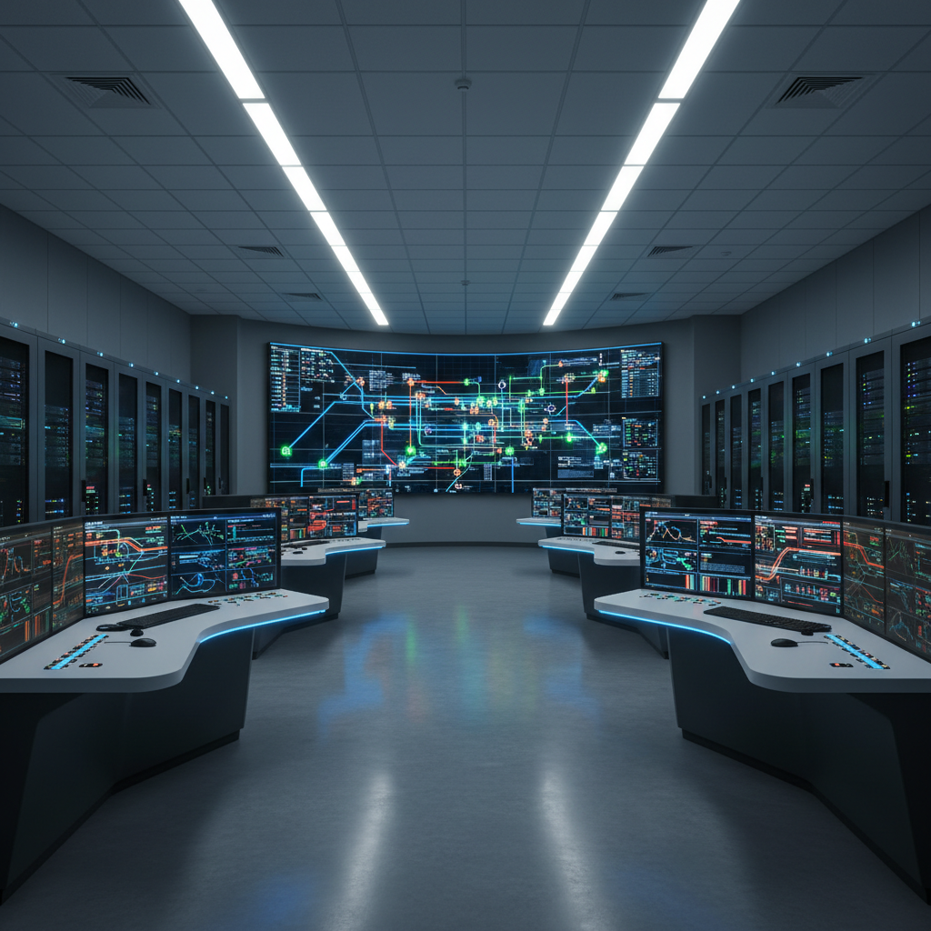 A wide-angle photographic realism view of a modern industrial energy facility control room, filled with sleek, dark gray metal server racks and illuminated control panels displaying colorful graphs and energy flow diagrams. In the center, a large, ultra-wide screen wall shows a detailed, high-resolution map of an electrical grid, with power lines, substations, and renewable sources highlighted in vivid blues and greens. Cool, diffused overhead LED lighting creates a clean, professional atmosphere with gentle reflections on polished epoxy flooring. Shot at eye level with sharp focus throughout, the composition emphasizes order and reliability, conveying a calm, high-tech environment ideal for an industrial energy solutions company’s homepage hero image.