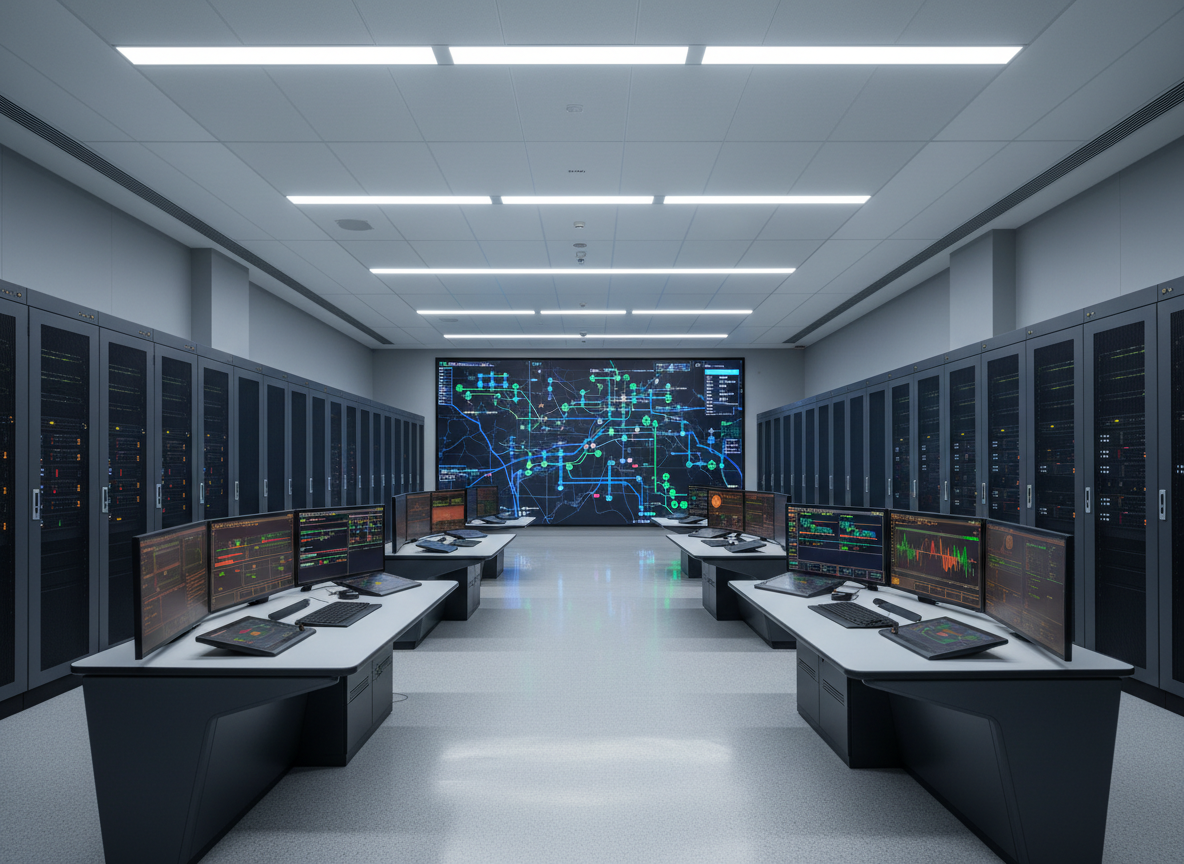 A wide-angle photographic realism view of a modern industrial energy facility control room, filled with sleek, dark gray metal server racks and illuminated control panels displaying colorful graphs and energy flow diagrams. In the center, a large, ultra-wide screen wall shows a detailed, high-resolution map of an electrical grid, with power lines, substations, and renewable sources highlighted in vivid blues and greens. Cool, diffused overhead LED lighting creates a clean, professional atmosphere with gentle reflections on polished epoxy flooring. Shot at eye level with sharp focus throughout, the composition emphasizes order and reliability, conveying a calm, high-tech environment ideal for an industrial energy solutions company’s homepage hero image.